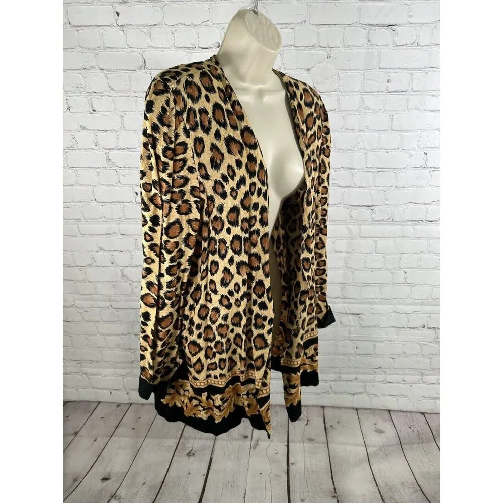 VTG Periwinkle Cheetah Print Shoulder Pad Open Front Long Sleeve Cardigan USA 18